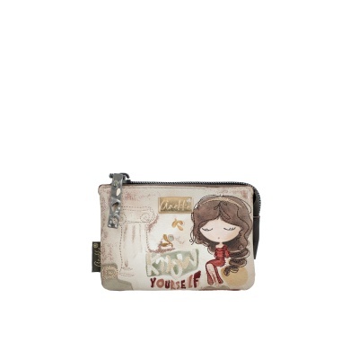 Carteira pequena bege com desenho e zíper preto
