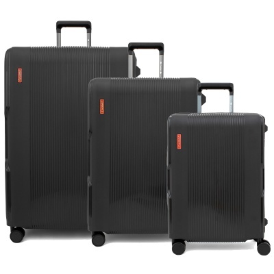 Conjunto de três malas de viagem rígidas pretas com rodas e punhos