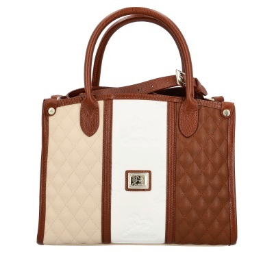 Mala de mão bege e castanha com padrão matelassê e logótipo Cavalinho