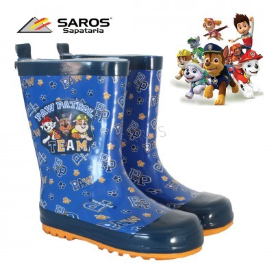 Botas de borracha azuis da Paw Patrol com sola laranja e detalhes em azul escuro