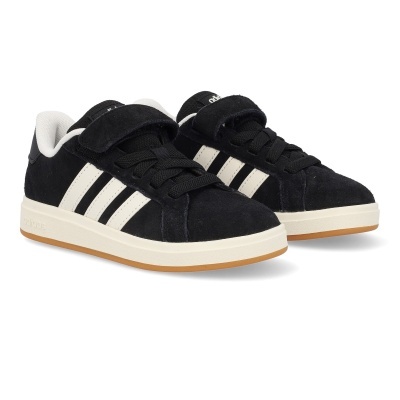 Sapatilhas Adidas pretas e brancas com riscas laterais e fecho de velcro