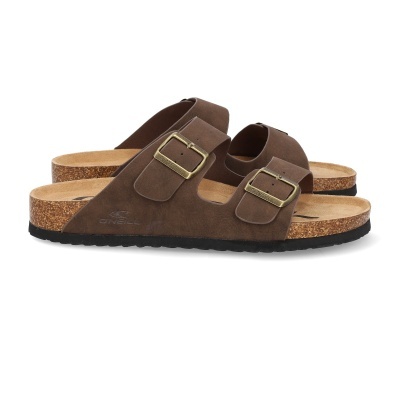 Sandálias castanhas de camurça com fivelas douradas e sola de cortiça