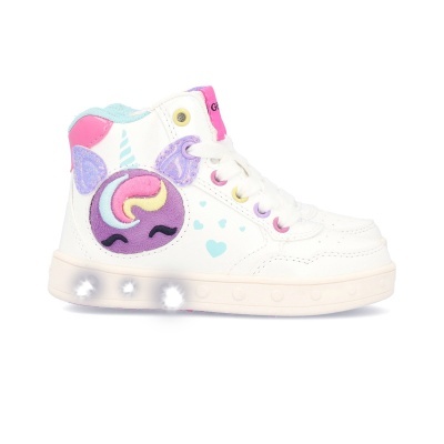 Sapatilha infantil branca com unicórnio colorido e luzes na sola