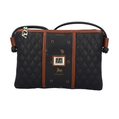 Mala de ombro preta acolchoada com detalhes castanhos e logótipo Cavalinho dourado