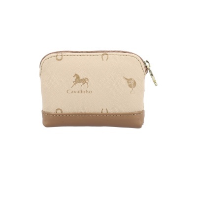 Carteira pequena tipo porta-moedas bege com estampas e detalhe em pele castanha.
