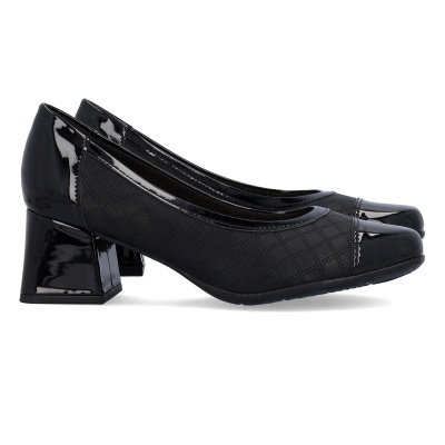 Sapatos de salto médio preto com biqueira em verniz e corpo texturizado