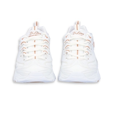Par de sapatilhas brancas com detalhes em rosa claro e inscrição D'Lites SKECHERS