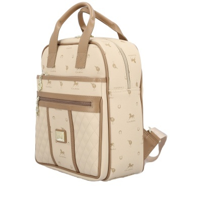 Mochila bege com estampados castanhos e detalhes em pele castanha