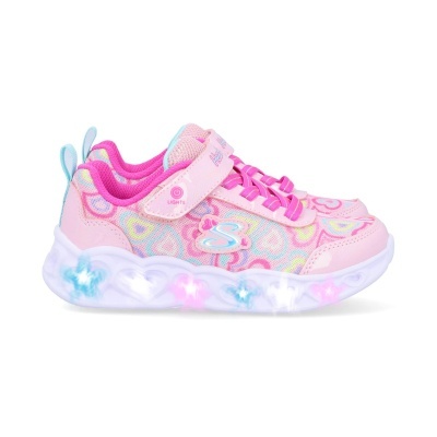 Tênis infantil rosa com luzes LED e padrão de corações coloridos