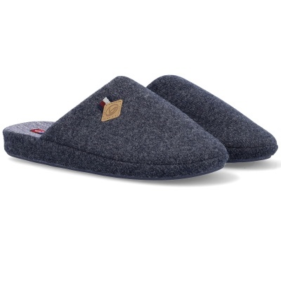 Chinelos masculinos cinza escuro com emblema de couro e etiqueta tricolor