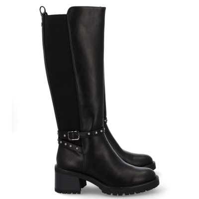 Botas altas pretas com salto largo e detalhes prateados