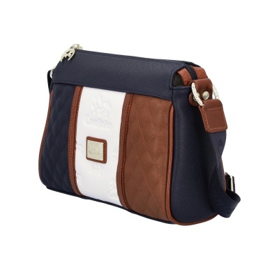 Mala de ombro tricolor azul escuro, branco e castanho com padrão acolchoado