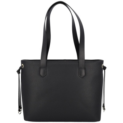 Mala de ombro preta em material sintético liso com alças longas