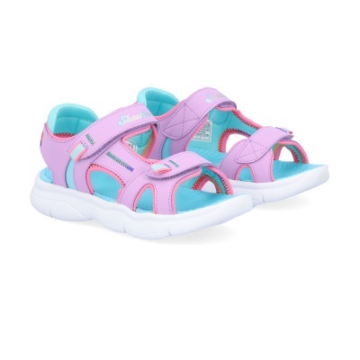 Sandálias infantis Skechers rosa e azul-turquesa com sola branca