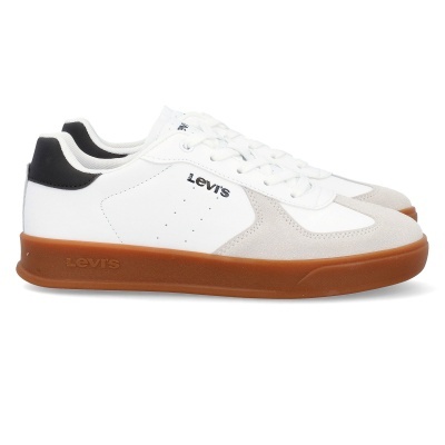 Ténis brancos e bege com sola castanha e logo Levi's