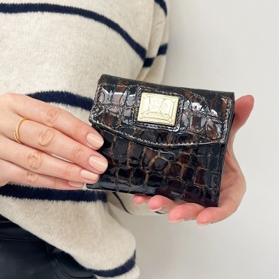 Carteira pequena preta texturizada imitando pele de crocodilo com fecho dourado