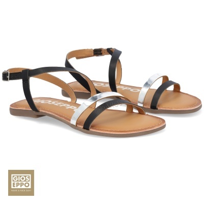 Sandálias femininas Gioseppo com tiras pretas e prateadas e sola castanha