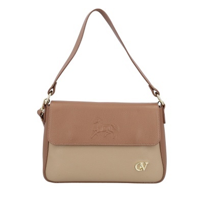 Mala de ombro castanha e bege com relevo de cavalo e logótipo CV dourado