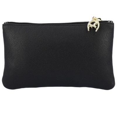 Carteira preta com zíper e puxador dourado em forma de golfinho