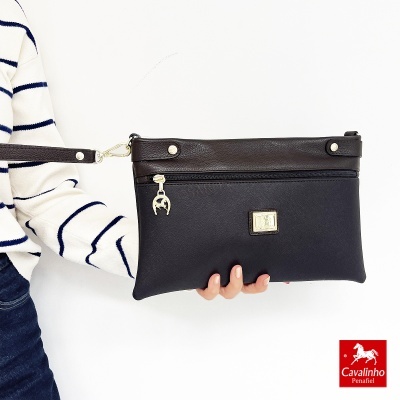 Mala de mão preta e castanha em pele com fecho prateado