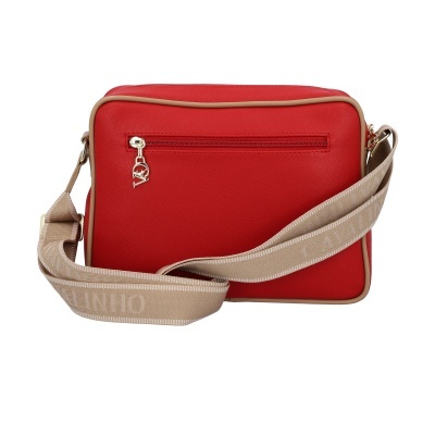 Mala tiracolo vermelha com alça bege e fecho dourado