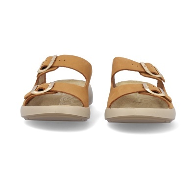 Sandálias castanho claro com duas tiras em pele e fivelas douradas