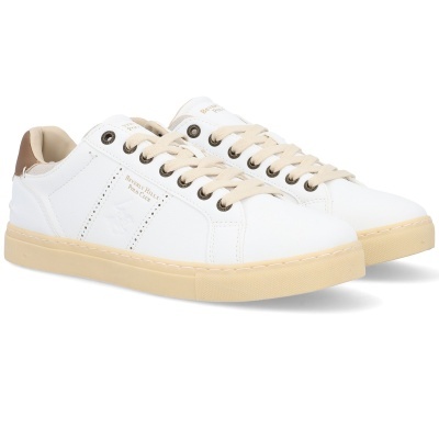 Par de sapatilhas brancas com sola e atacadores bege e detalhes castanhos