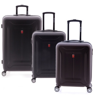 Três malas rígidas pretas com rodízios duplos e puxadores extensíveis