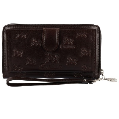 Carteira castanha escura com padrão em relevo de cavalos e fecho com aba