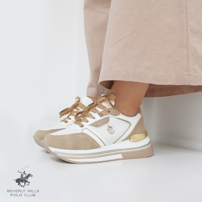 Sapatilhas bege branco e dourado Beverly Hills Polo Club com cadarços bege