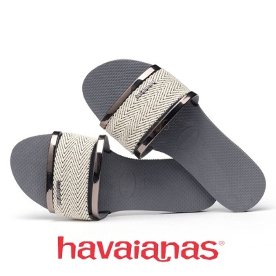 Chinelos Havaianas cinzentos com tiras bege e prateadas