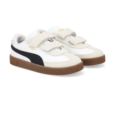 Ténis infantis Puma branco, bege e preto com fecho em velcro e sola castanha
