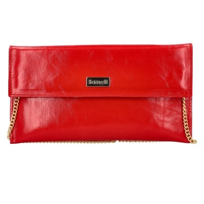 Mala de mão vermelha em couro com corrente dourada e placa com marca Sammell