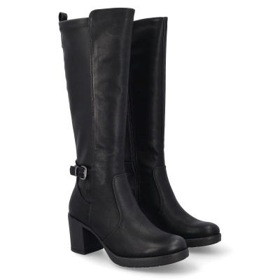 Botas pretas cano alto com salto médio e fivela lateral