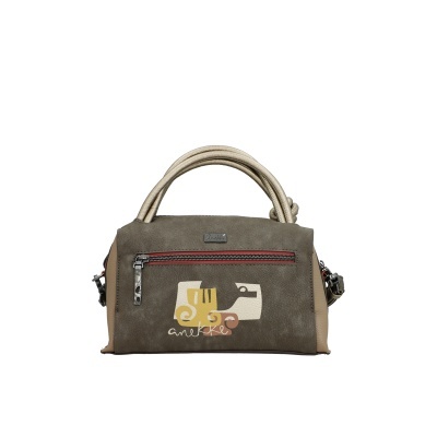 Bolsa de mão castanha Anekke com estampado geométrico e alças bege