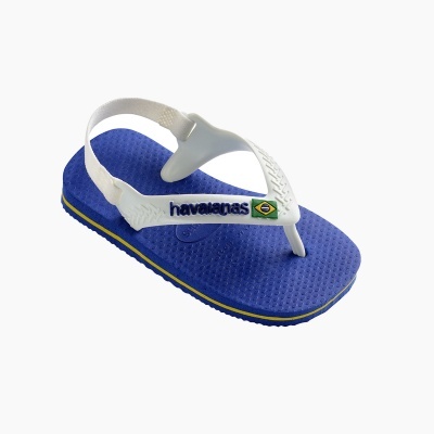Sandália havaianas infantil azul com tira branca e bandeira do Brasil