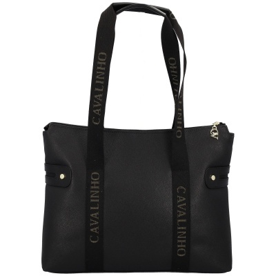 Mala preta com alças e texto CAVALINHO dourado