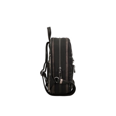 Mochila preta com padrões geométricos e alças ajustáveis vista lateral