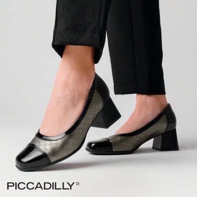 Sapatos de senhora cinza e pretos com salto médio, da marca Piccadilly