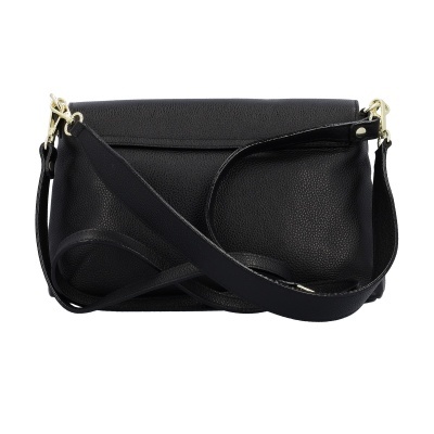 Mala preta de pele com alça ajustável preta e encaixes dourados