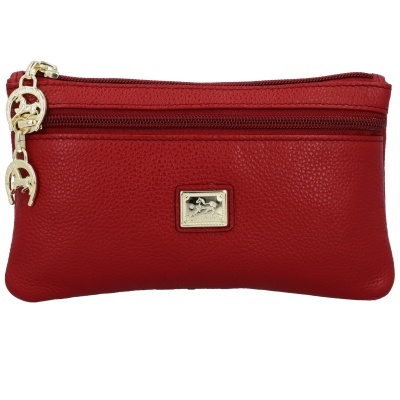 Carteira vermelha de couro com emblema dourado e fecho com penduradores dourados.