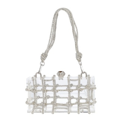 Mala transparente com rede metálica prateada em padrão de grade com alça decorativa e fecho hexagonal