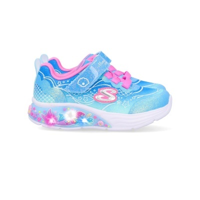 Ténis infantis azuis com luzes coloridas e padrão de sereia