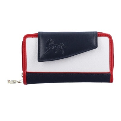 Carteira branca, azul e vermelha com relevo de cavalo