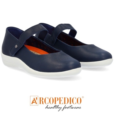 Sapatos femininos azul escuro Arcopedico com sola branca e tira de velcro