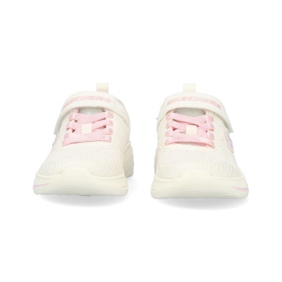 Ténis infantis Skechers brancos com detalhes rosa e fecho de velcro.