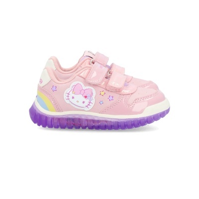 Ténis infantis rosa com personagem Hello Kitty e sola roxa