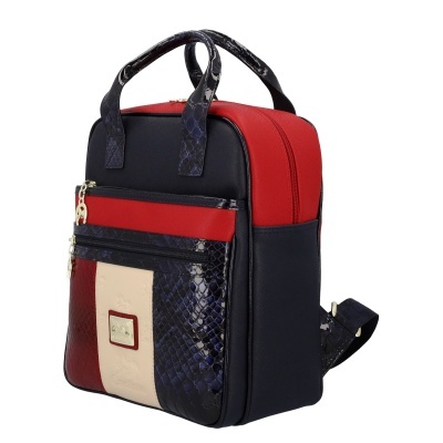 Mochila feminina vermelha, preta, bege e azul marinho com textura de pele de cobra e fechos dourados