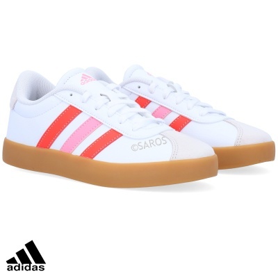 Ténis Adidas brancos com riscas vermelhas e rosa e sola castanha