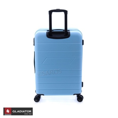 Mala de viagem rígida azul claro com alça preta e rodas